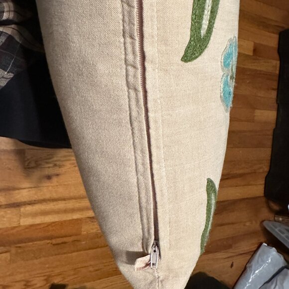 NEW Pier One Lumbar Embroidered floral blue and Green Pillow w/ tan background - Picture 8 of 11